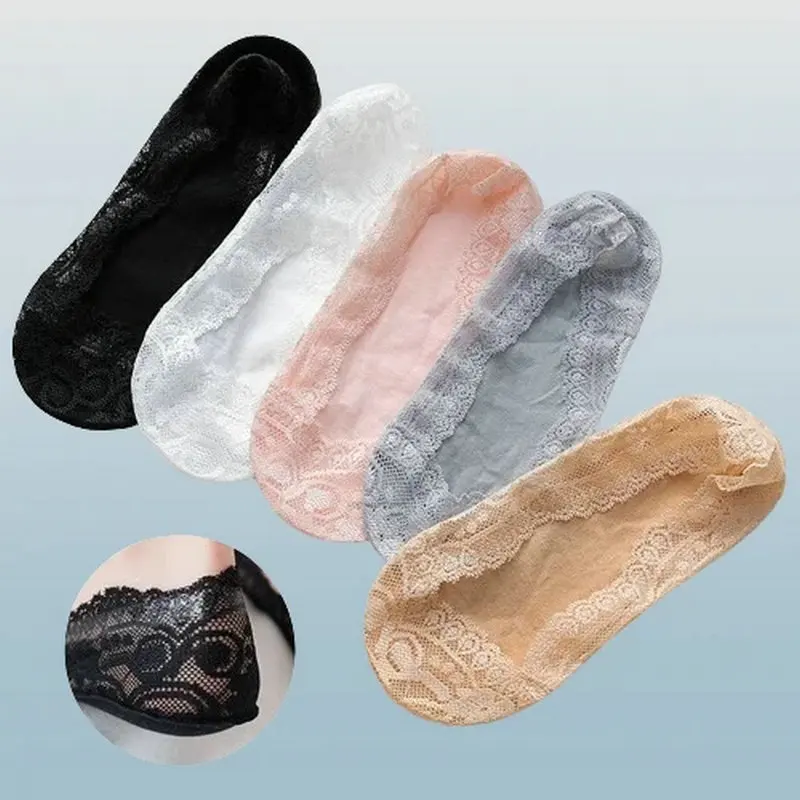 5/10 Pairs High Quality Lace Boat Socks  Silicone Non-slip Shallow Invisible Socks Solid Color Cotton Bottom 2024 New Socks