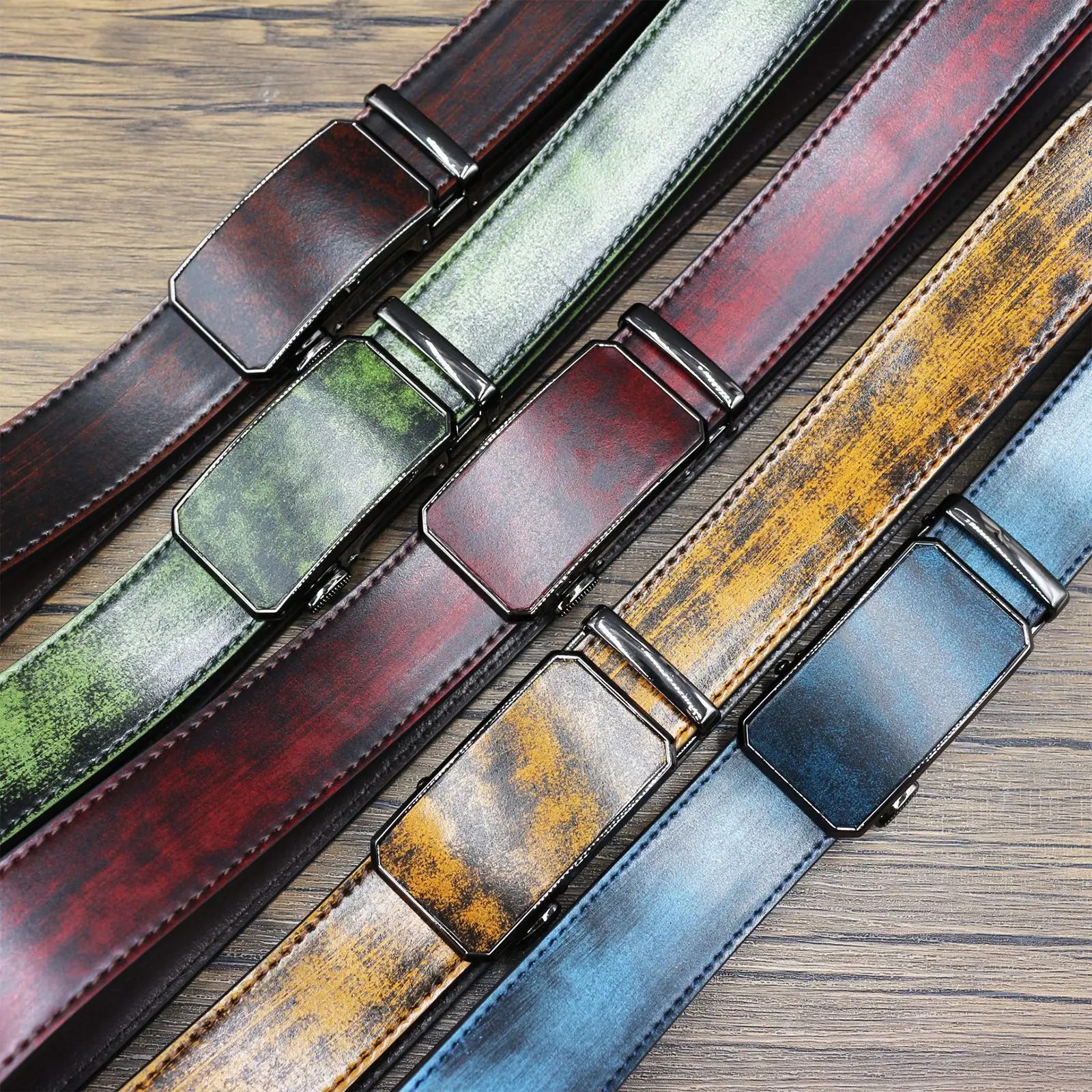 New original wood-grain tie-dye process cowhide automatic buckle men belt personalized color fading distressed casual  belt