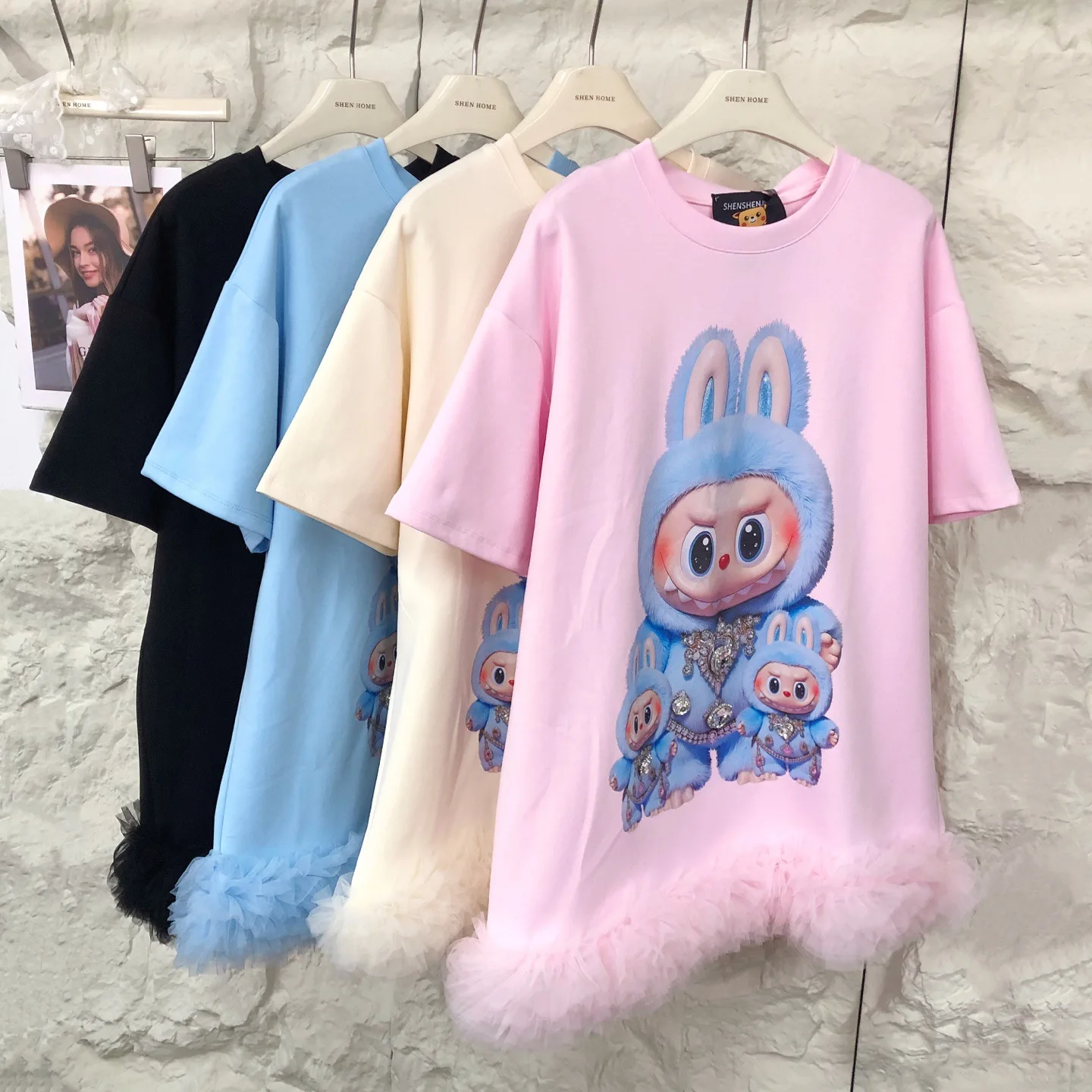 

Korea All-match Spring Summer Women T-shirt Cute Diamonds Cartoon Printed O-neck Pullover Top Elegant Mesh Ruffles Princess Tees