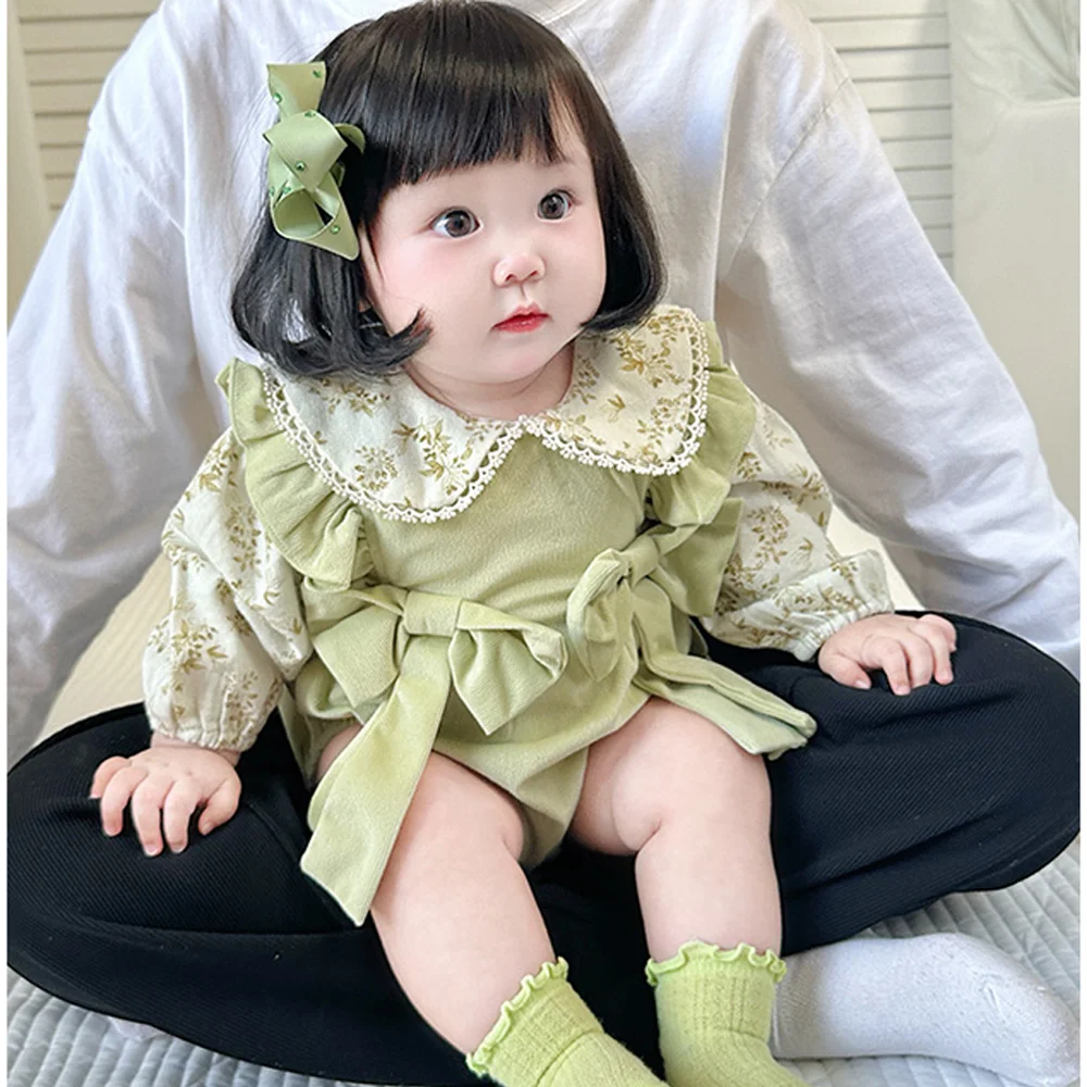 Baby Romper Dress Autumn Korean Baby Girl\'s One Piece socks Flower Matcha Color Toddler Clothes Long-sleeved Climbing Clothes