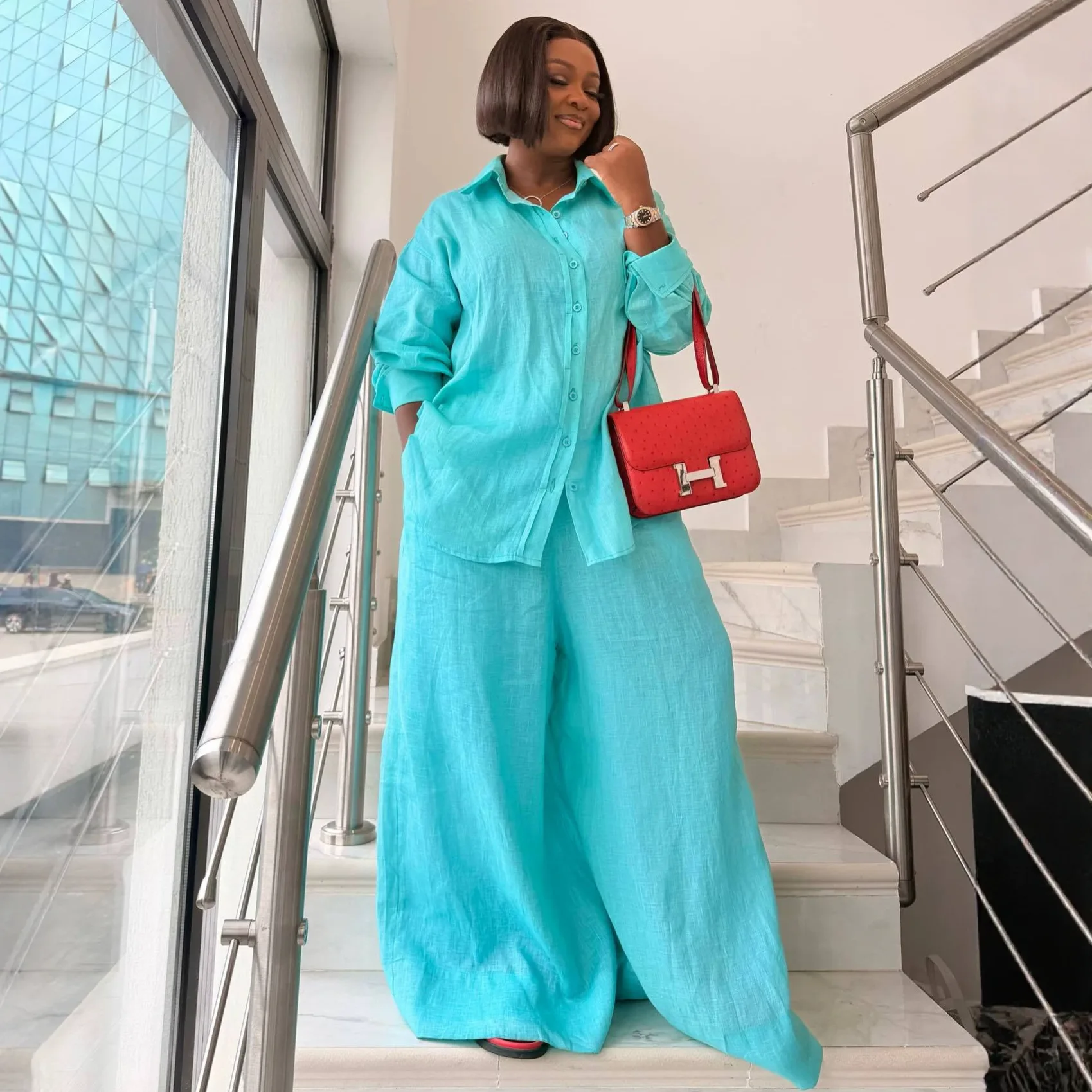 Chic 2026 Autumn Pants Sets Women Outfits Trousers Sweet and Fresh Lapel Bow Long Sleeve Shirt Wide Leg Pants Two-piece Set Y2K