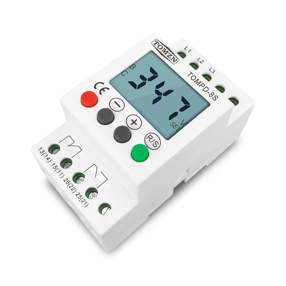 TOMZN 3 Phase Din Rail Voltage Relay Adjustable Under Over Voltage Protector Voltage Monitoring Protection Relay TOMPD-8S