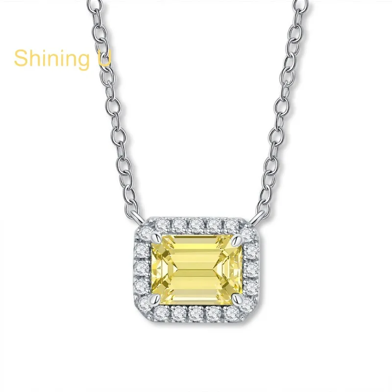 Shining U 925 Sterling Silver 6*8mm Sapphire  Citrine Gems Necklace for Women Engagement Fine Jewelry