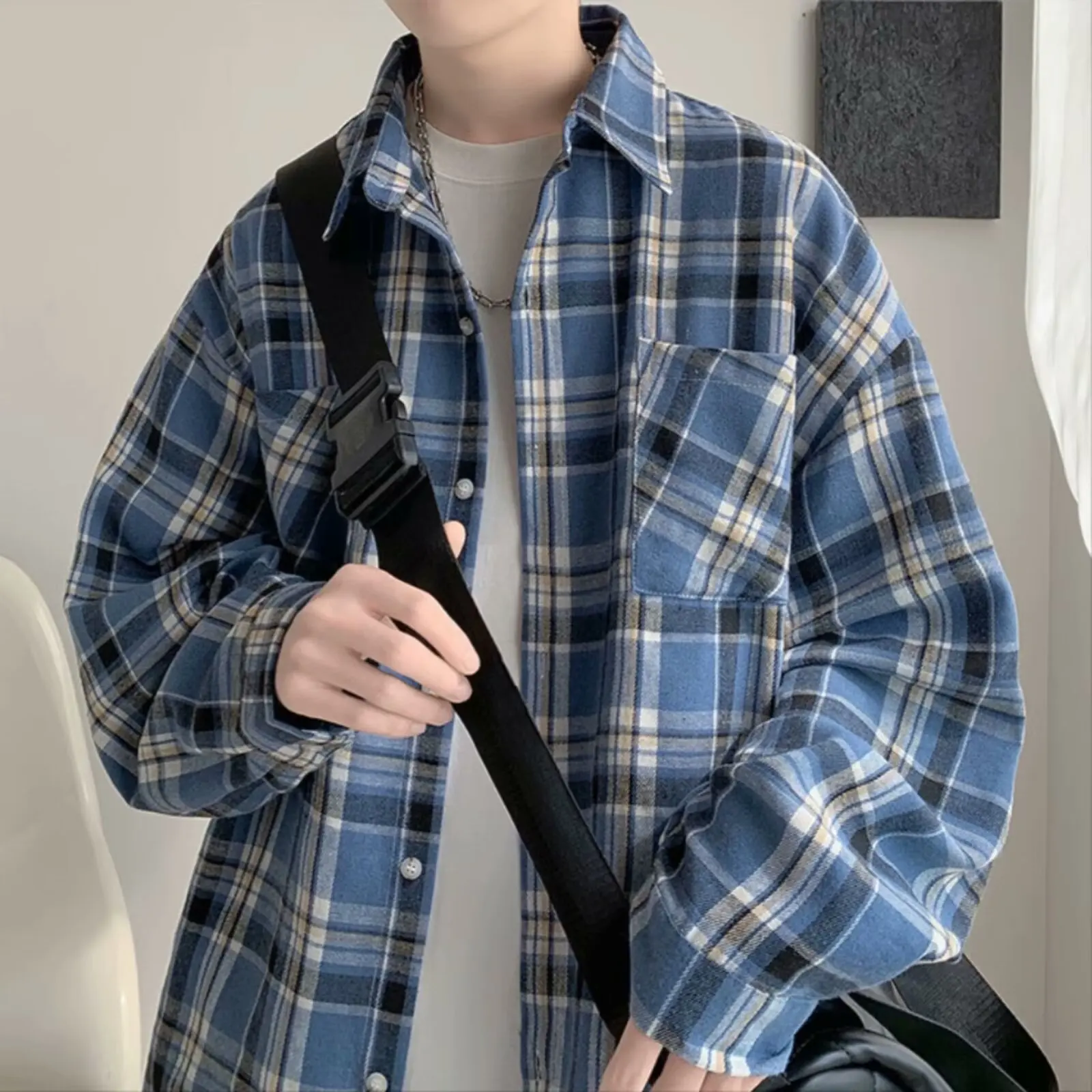 

Loose Men's Plaid irt Autumn Winter Large Size 8lbs Blue Jeans Color Casual Long Sve Vintage American Sle Coat Trendy