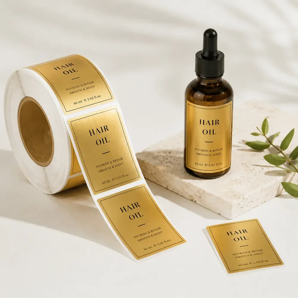 Brushed gold PET self-adhesive labels/stickers, customizable, waterproof, oil-proof, and frost-proof, with custom logo printing.
