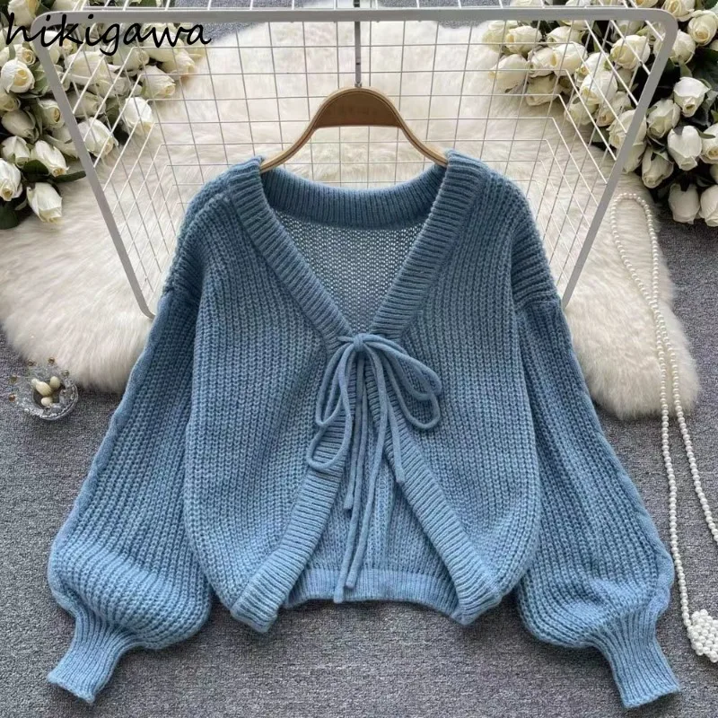 

Укороченный кардиган, пальто, женская одежда Sueter Mujer, с пышными рукавами и v-образным вырезом, свободный однотонный вязаный свитер с повязками, топы