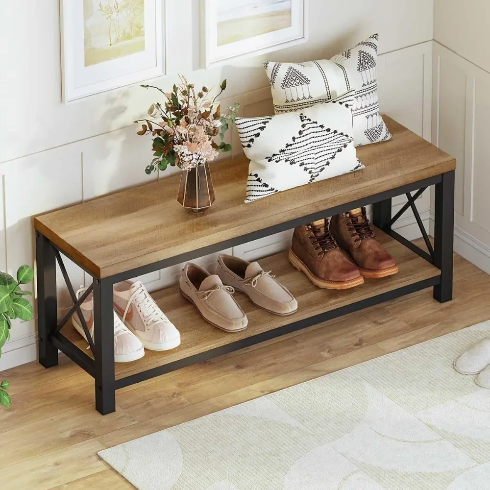 

Entryway Bench, Farmhouse Wooden Metal Entry Storage Bench,with Shelf for Foyer, Mudroom, Bedroom, Rustic Shoe Benches