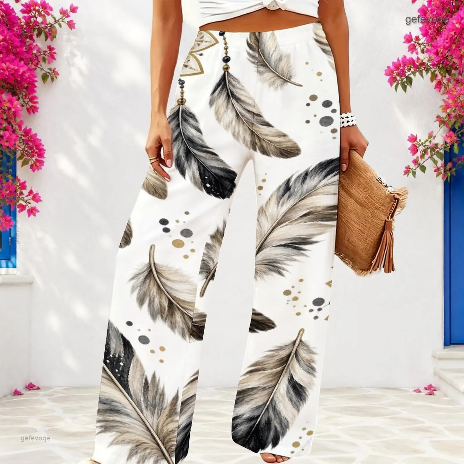 Women Loose Full Length Wide Leg Pants White Base Black Gray Beige Feather Printed Trousers