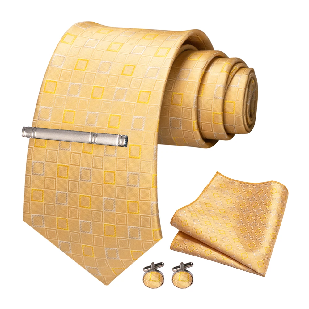 JEMYGINS Mode Männer Krawatte Luxus Gelb Gold Striped Plaid Seide Hochzeit Krawatte Für Männer Hanky Manschettenknopf Krawatte Set Bussiness Party geschenk – Detail 12