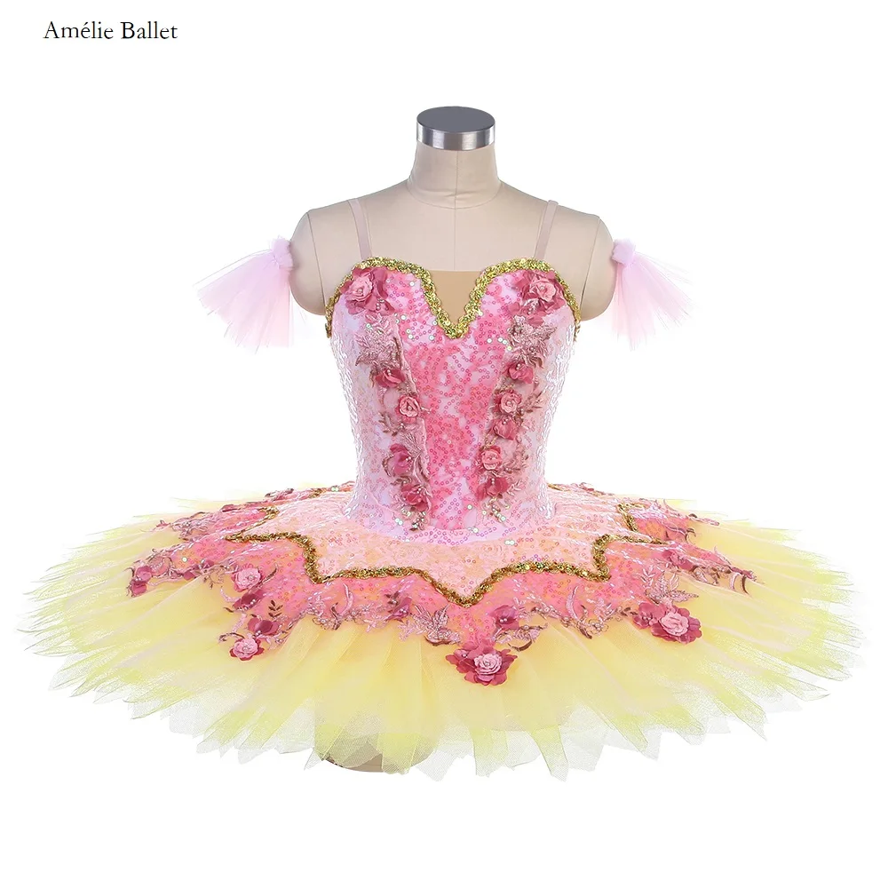 

BLL525 Pink Pre-Professional Ballet Tutu Sequin Lace Top Bodice with Stiff Tulle Pancake Tutus for Grils Stage Competition Tutu