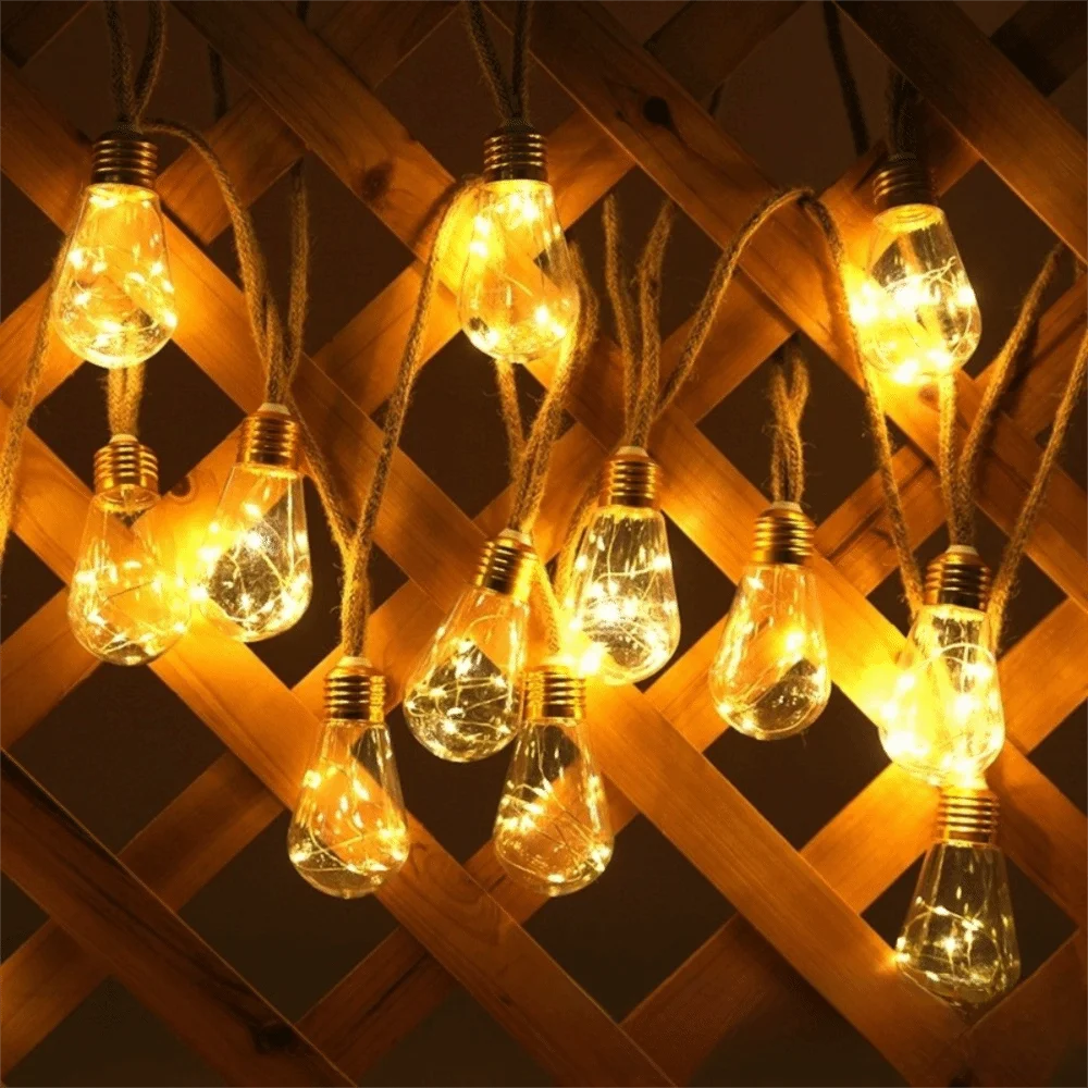 Decorative 10/16 LED Solar String Light Bulbs with Hemp Rope Warm/Colorful Light Hanging Light Bulbs Bulb String Light Garden