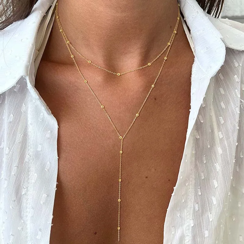 Fashion Gold Color Double Layered Long Chain Drop Necklaces for Women Simple Metal Geometric Bead Tassel Choker Necklace Jewelry