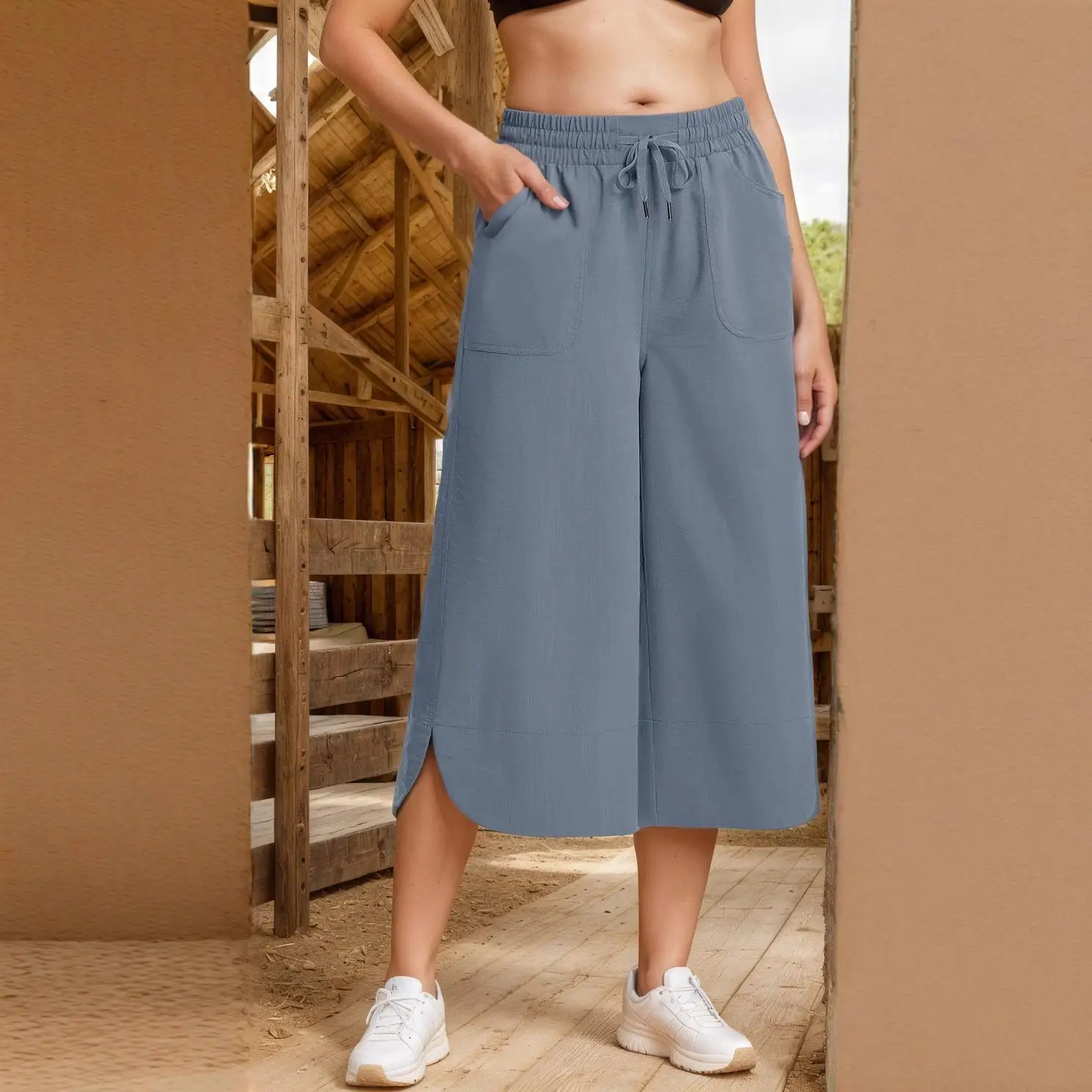 캐주얼 엘라스틱 웨이스트 솔리드 컬러 와이드 레그 세븐풋 팬츠 여성용 루즈핏 봄 여름 가을 롱 슬리브 의류 세트