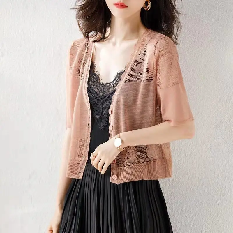 Women V-neck Button Lace Summer Matching Skirt Strap Shawl Thin Tops Korean Simple Ice Silk Knit Sun Protection Cardigan Coat