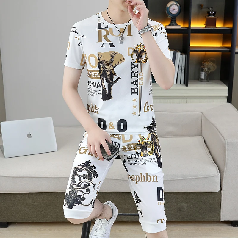 

Summer New Ice Silk ort Sve T-irt And Seven-Foot Pants Men's Thin Breathable Elastic Casual Sports Two-Piece Set