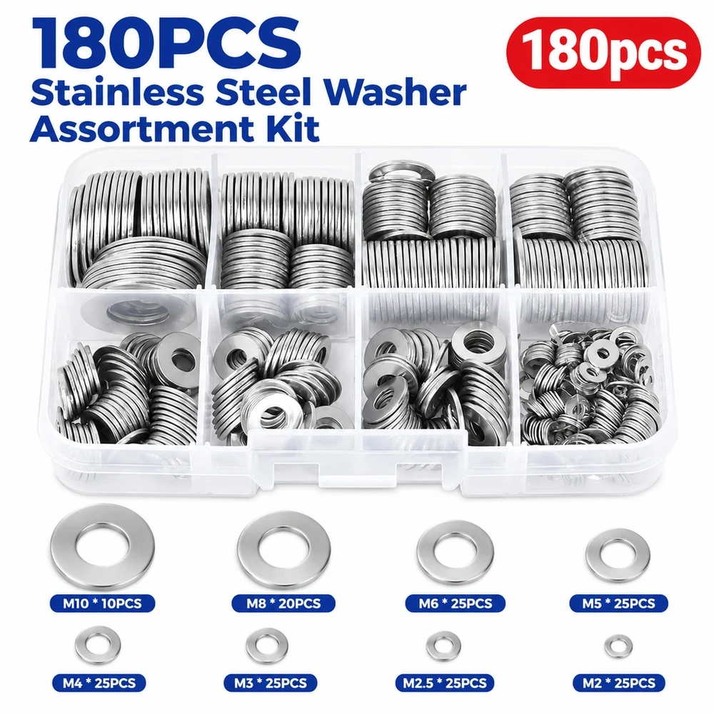 304 SS M2-M10 Washer Kit 180 Pieces Polished Surface Long Lasting Metal Hardware for Home Improvement Projects