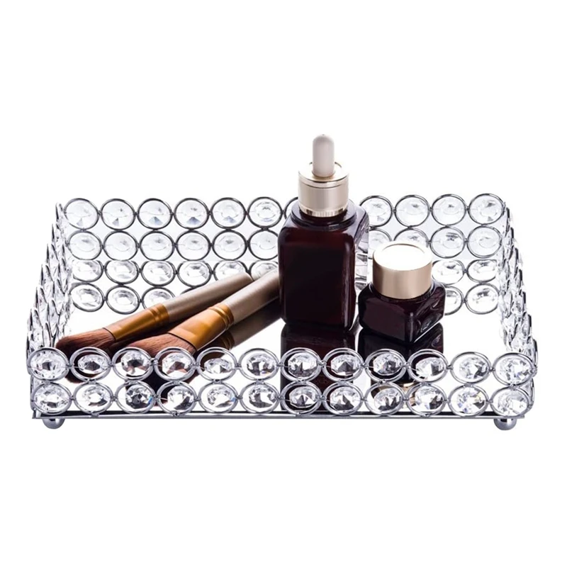 Crystal Rectangle Cosmetic Tray Jewelry Trinket Organizer Mirror Decorative Tray Perfume Skin Care Organizer(Silver)
