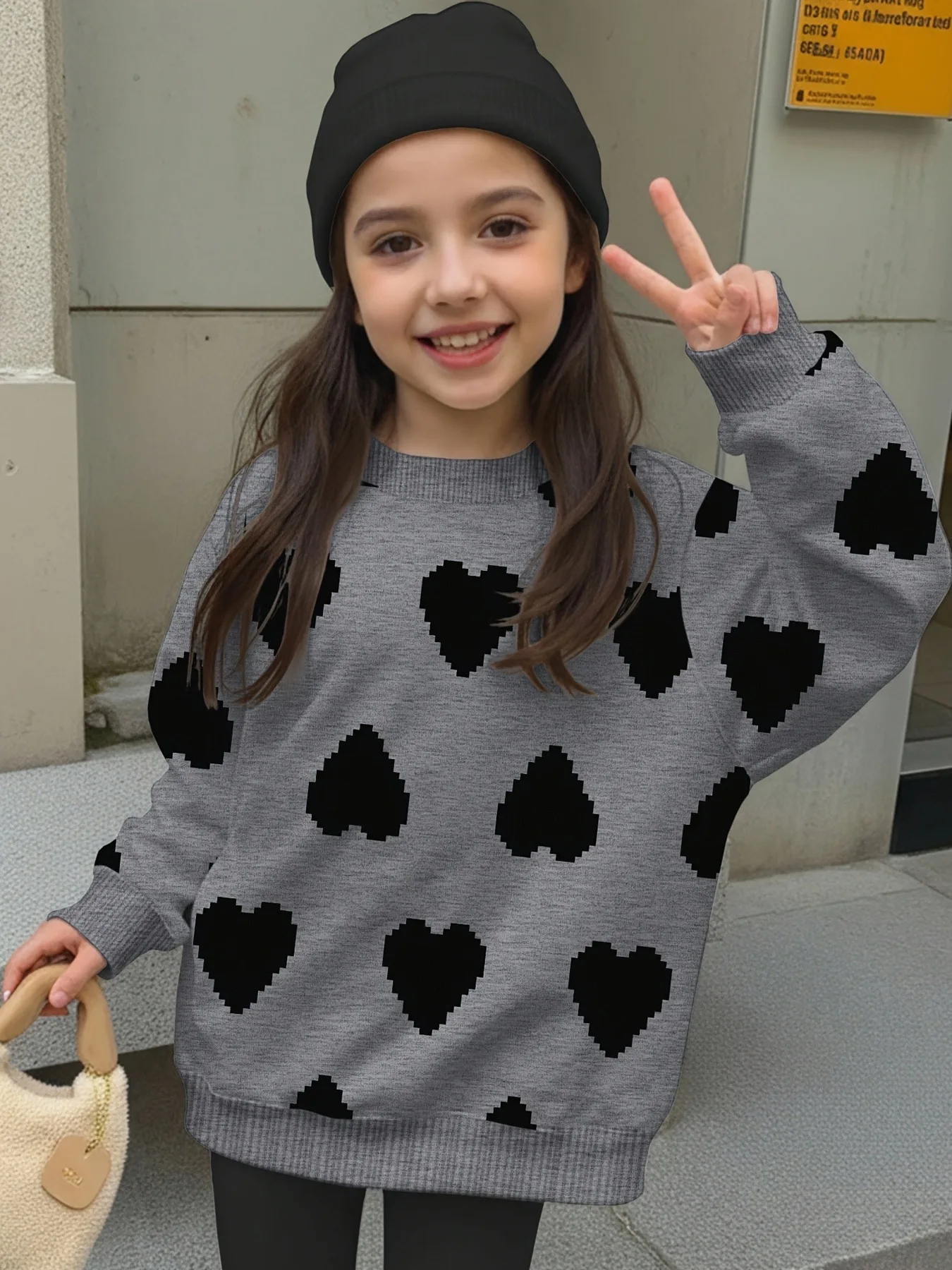 Locker geschnittenes Sweatshirt für Teenager-Mädchen mit Rundhalsausschnitt, Pixel-Schwarz-Herz-Motiv, lange Ärmel, weiches, lässiges Oberteil für den Alltag und für besondere Anlässe. – Detail 3