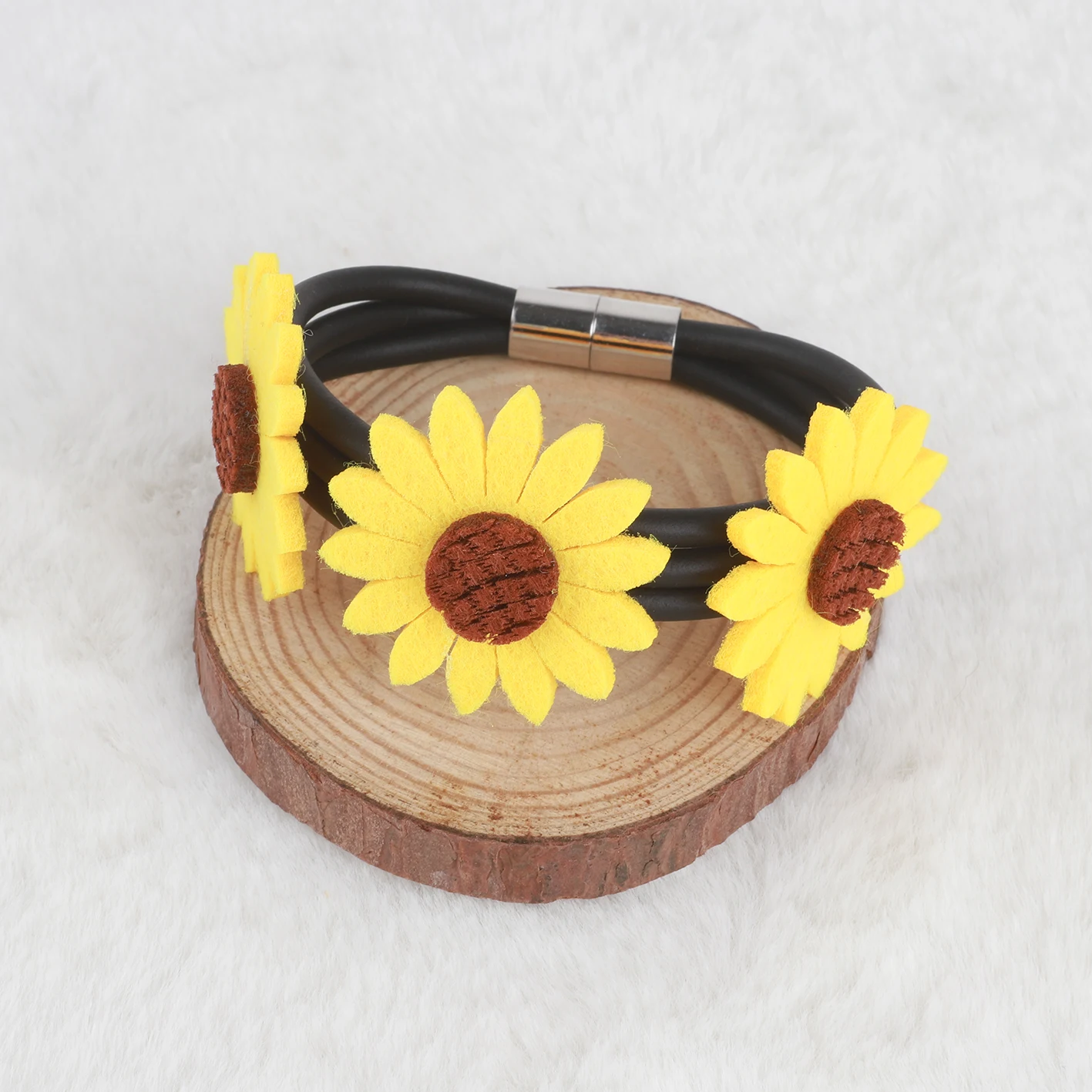 New Handmade Yellow Flower Design Black Rubber Bracelet Fashion Ethnic Style Women Jewelry Bohemian Style With Retro Bracelet