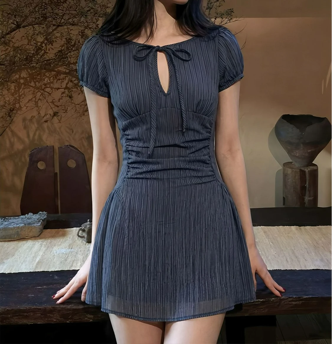 

2026 Summer New Hollow Lace-up Bow Skirt Waist and Thin Dress