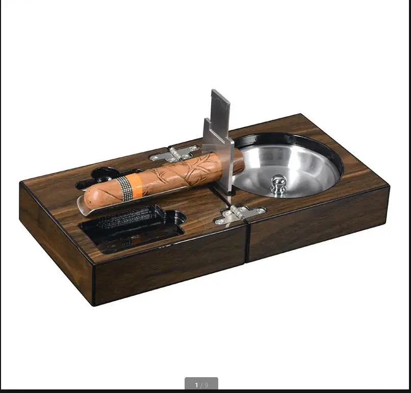 Light Luxury Wooden Ashtray Portable Folding Cigar with Scissors Office Home Decoration Smoking Set