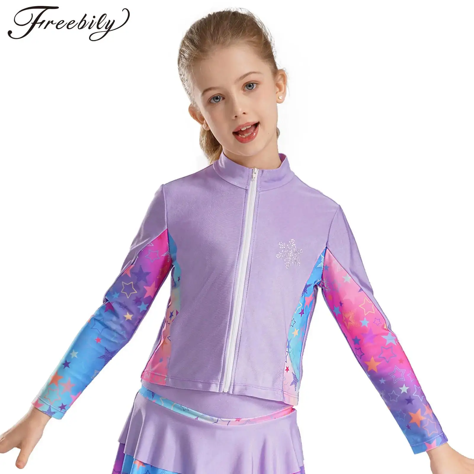 Kids Girls Figure Skating Costumes Shiny Sparkly Rhinestone Roller Ice Skating Jacket Long Sleeve Zipper Jacket Running Yoga