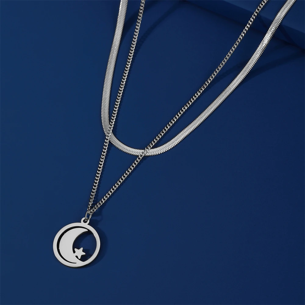 Skyrim Moon Star Double Layer Necklace Stainless Steel Women\'s Minimalist collarbone snake chain Minimalist Bohemian Jewelry New