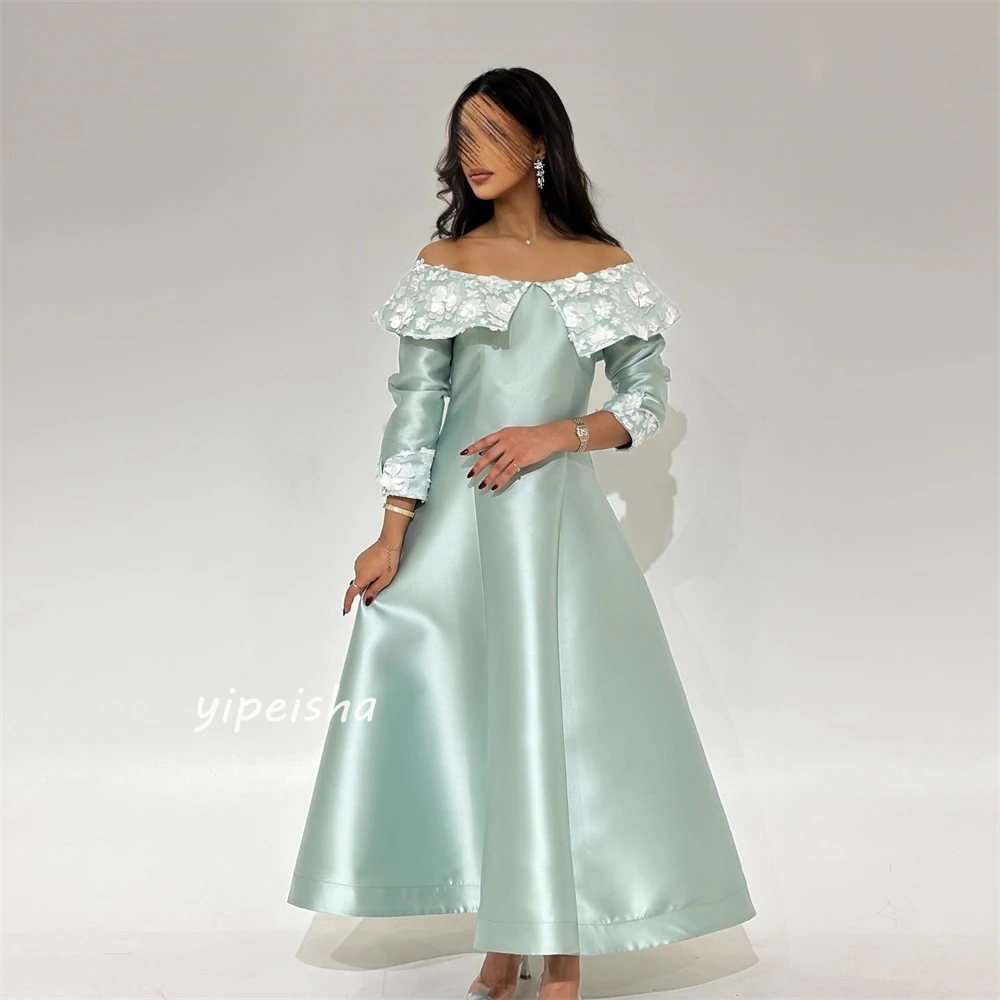 Prom Dress Saudi Arabia Evening Satin Applique Draped Homecoming A-line Off-the-shoulder Bespoke Occasion Gown Midi Dresses