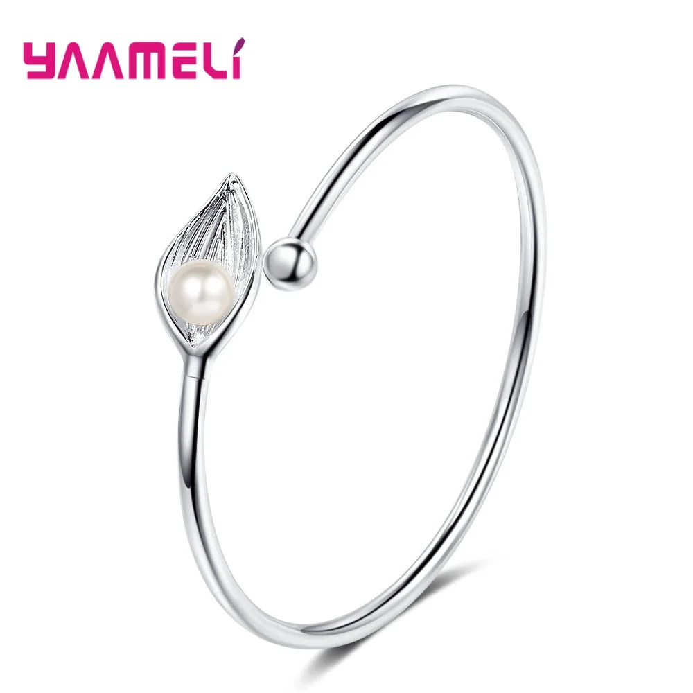 Elegant 925 Sterling Silver Leaf Shape Pearl Open Adjustable Bracelet&Bangles for Women Girls Wedding Party Fashion Jewelry Gift