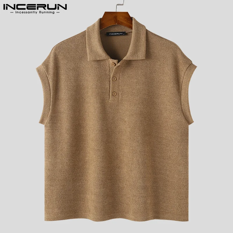 INCERUN Men Shirt Solid Color Knitted Summer Lapel Sleeveless Casual Men Clothing Streetwear 2024 Fashion Leisure Male Shirts