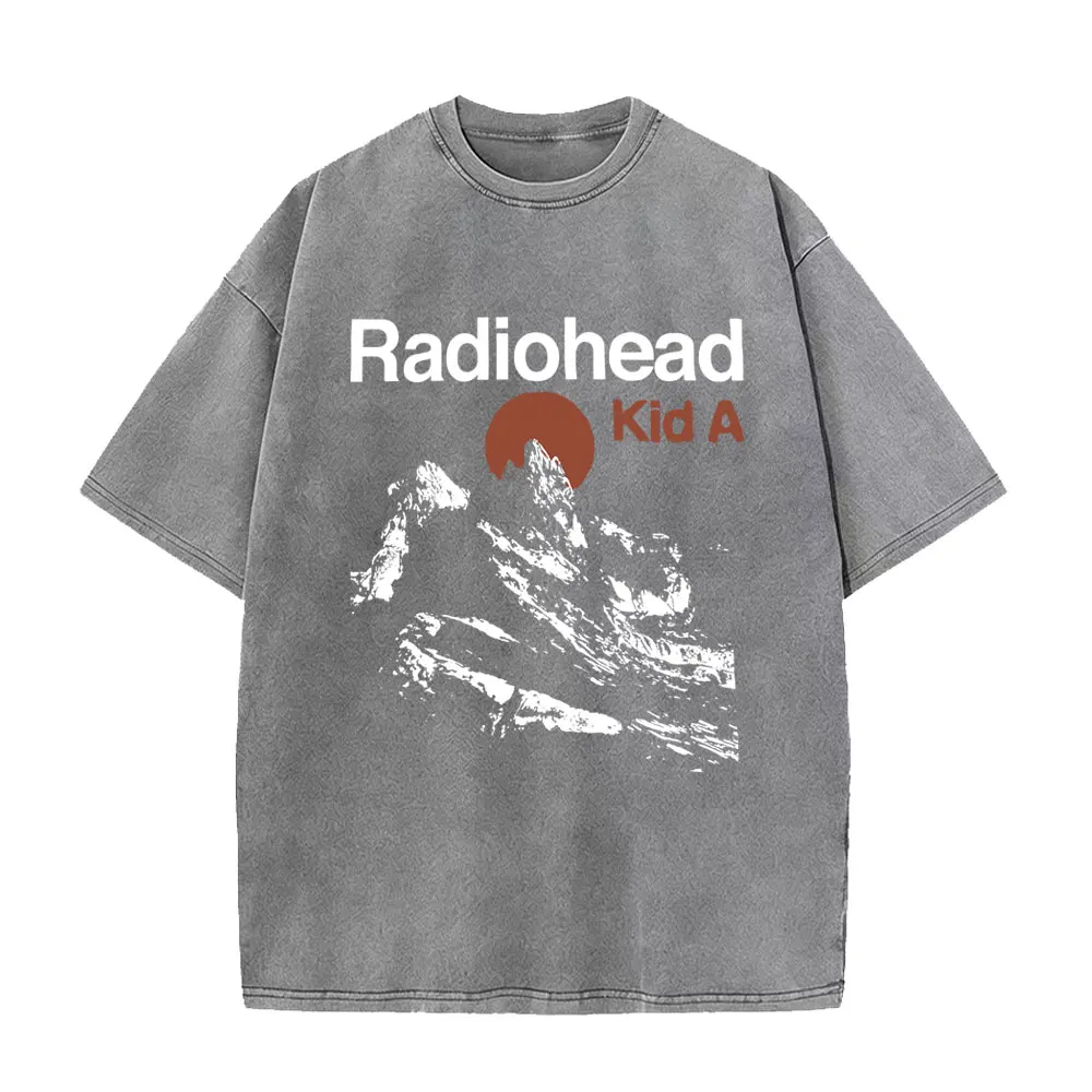 Washed Vintage Rock Band Radiohead Kid A Album Tour 2000 T Shirt Men Women Retro Gothic Casual Cotton T-shirts Men's Streetwear