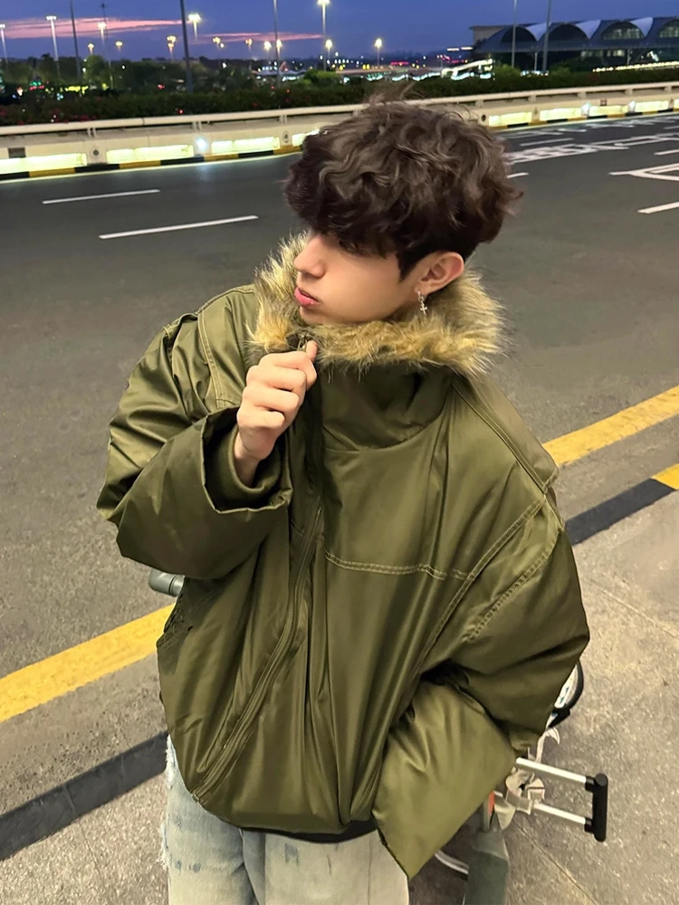 Jaket Katun Retro Amerika Desain Deconstructed Jaet Thiened untuk Pria dan Wanita, Musim Dingin Hangat dengan Kerah Bulu, Desain Kasual Outerwear