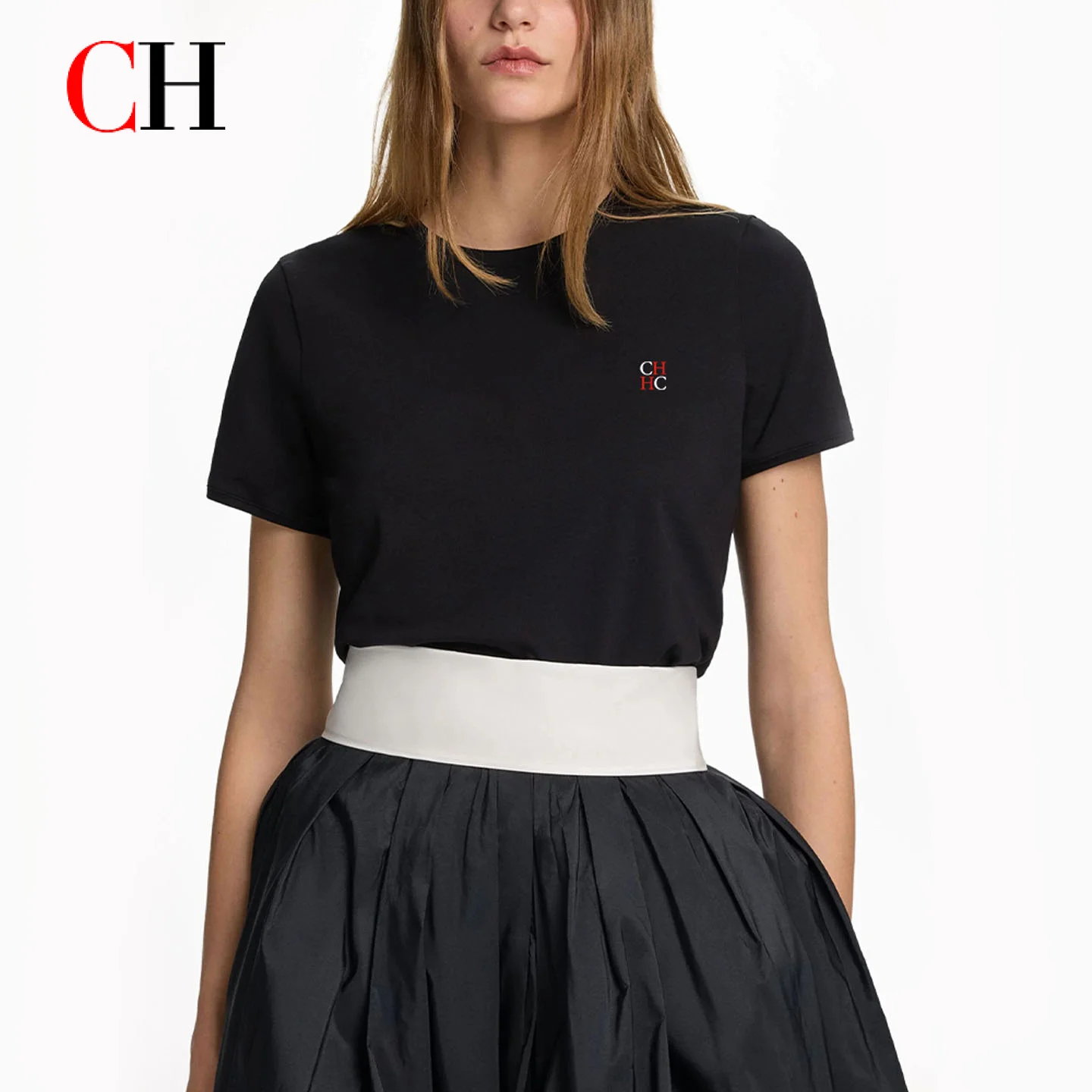 CH Women's Letter Embroidery T-Shirt Short Sleeve Crew Neck Casual Slim Fit Summer Basic Tee Fashion Streetwear Top