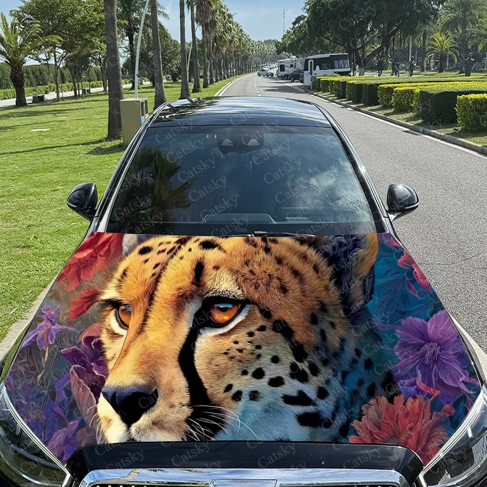 Flower Cheetah Car Hood Sticker PVC Self Waterproof Stick, Striking Auto Exterior Accessories Decor Protect Gift for Car Lover