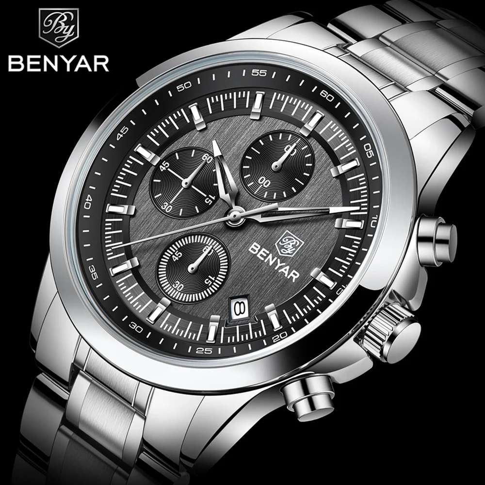 BENYAR luxury brand business watch men's top brand luxury quartz watch stainless steel 5Bar waterproof timing watch+gift box