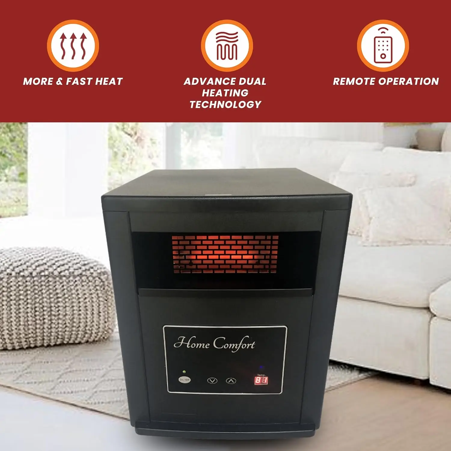 1500w Infrared Heater - Energy Efficient Space Heater for Year-Round Indoor Warmth, With Thermostat and Remote Control, Portable