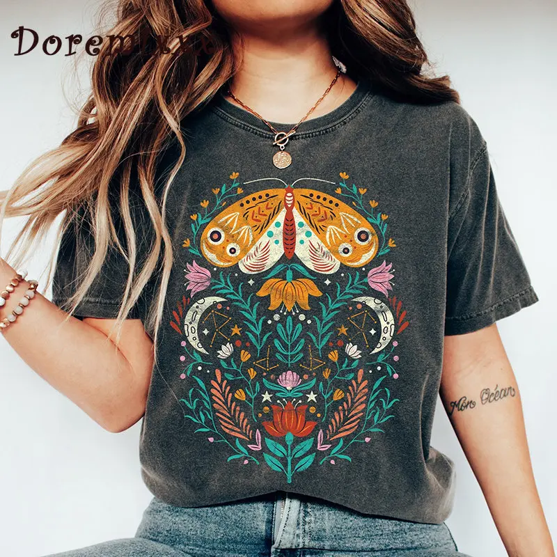 Women Celestial Shirt Moth Butterfly T Shirts Fashion Short Sleeve Tshirt  Graphic Tee Shirt Summer Y2k Casual  T Shirt