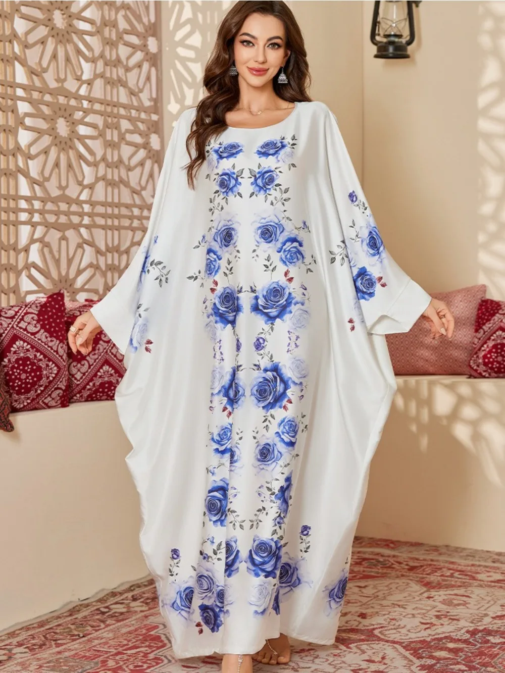 

Eid Women Dress Muslim Abaya Party Jalabiya Ramadan Bat Sleeve Satin Print Long Dresses Vestidos Largos Arab Robe Morocco Kaftan