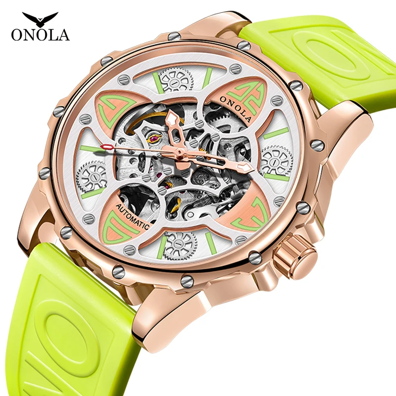 Fashion men\'s watch ONOLA high-quality hollow full-automatic mechanical watches men waterproof sports silicon tape wristwatch