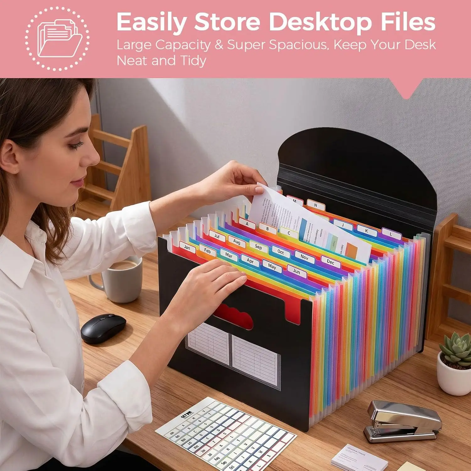 26 Pocket Accordion File Organizer with Label Stickers, Expanding Folder for A4 & Letter Size Paper, Document Organizer for Home Office School view 3