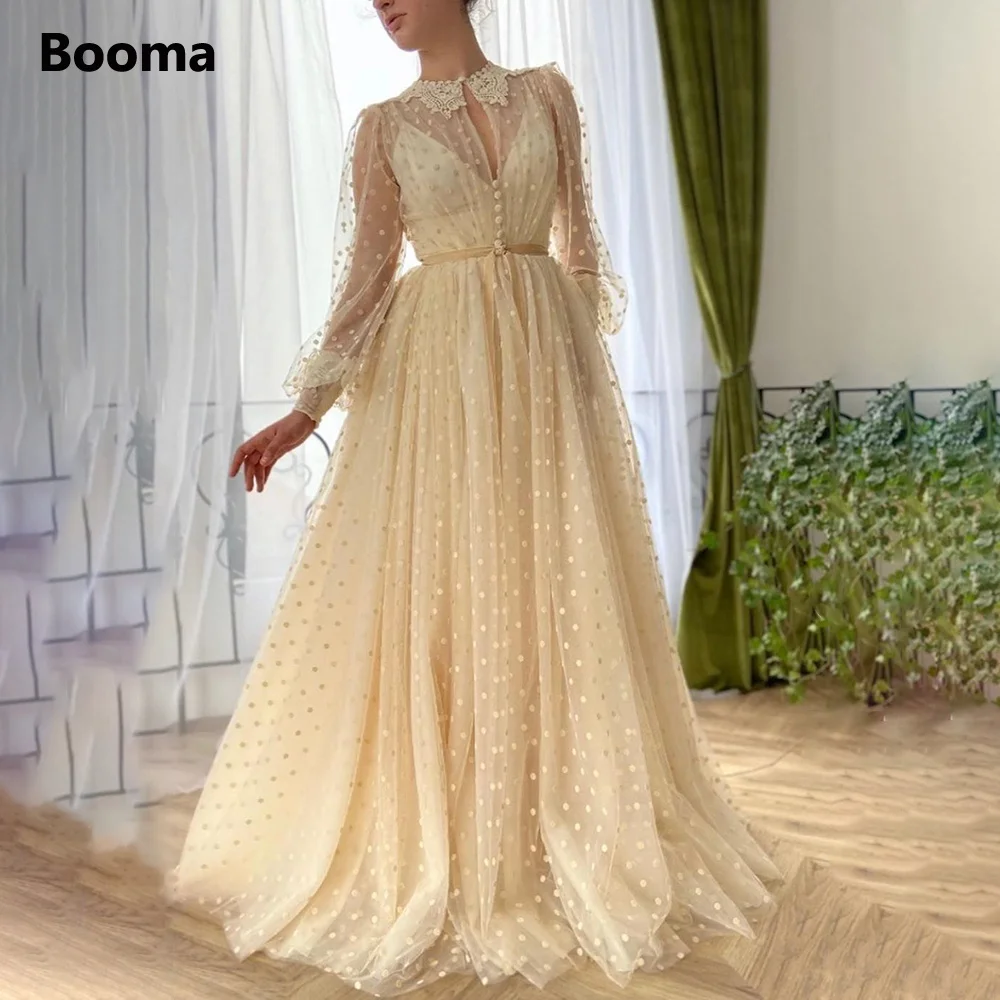 Booma Beige Stippen Prom Jurken Lange Mouwen Lace Kraag Keyhole Prom Jassen Dichtgeknoopt A-lijn Tulle Formele Party Jurken