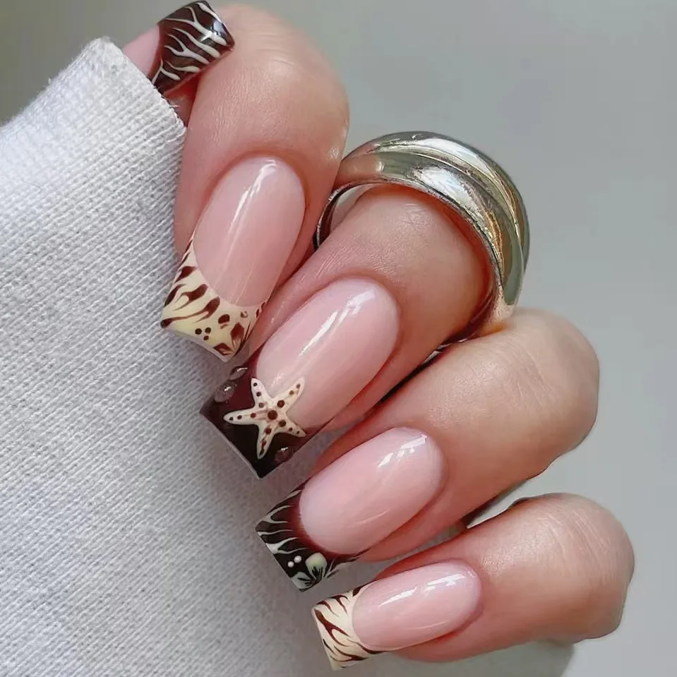 

24PCS Simple Zebra Patterns French Fake Nails with Glue Sweet Cool Seastar Medium Square Press on Nails Full Cover Wearable Nail