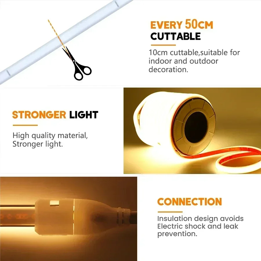 led Strip Brightness Waterproof COB LED Strip 220V Flexible Ribbon for Room Bedroom360 LEDS/m Kitchen Outdoor Garden Lighting