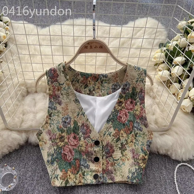 Vintage Tank Top Women V-neck Floral Chic Vest for Woman Printed French Style Summer Camis Female Fashion Y2k Jacket