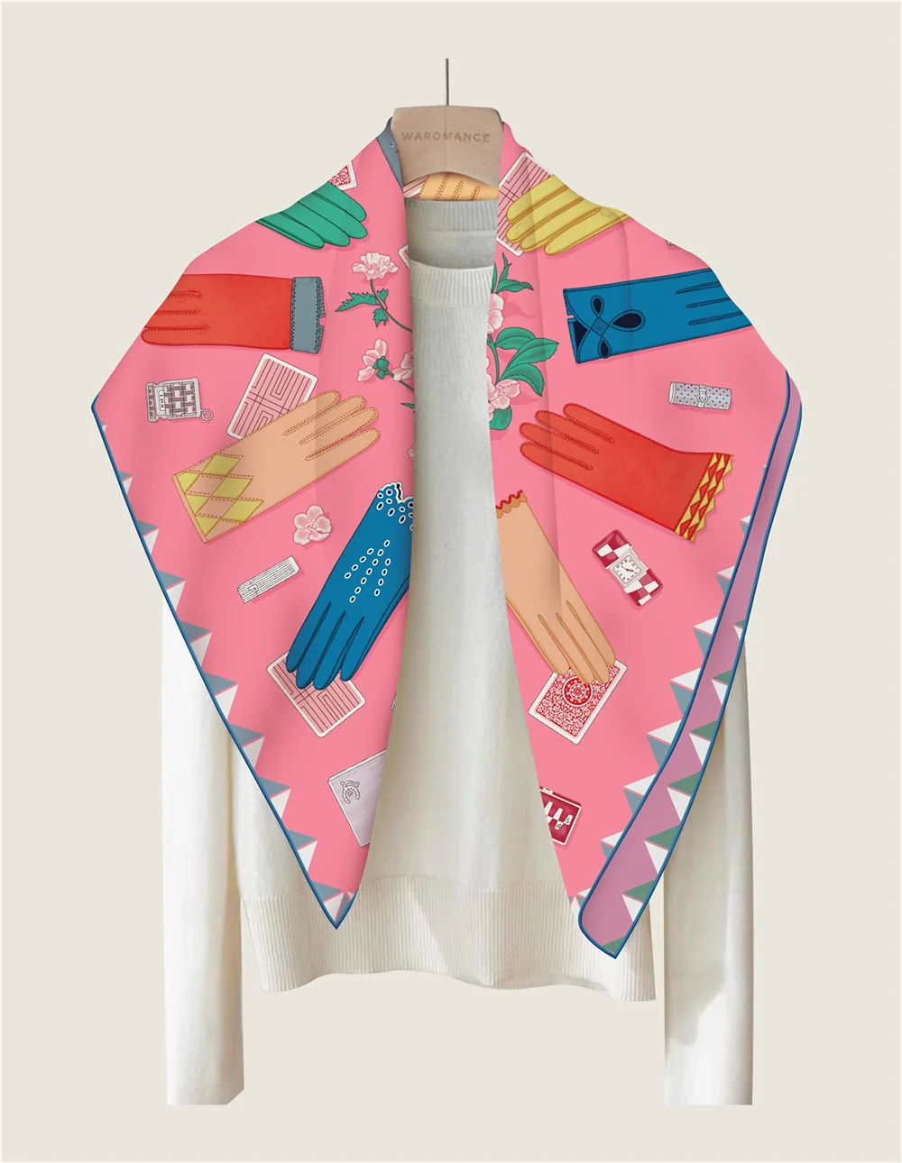 POBING Handgerollter Twill-Seidenschal für Damen, magische Handschuhe, doppelt bedruckte quadratische Schals, Wraps, Echarpes, Foulards, Femme, Hijab, 90 cm – Detail 5