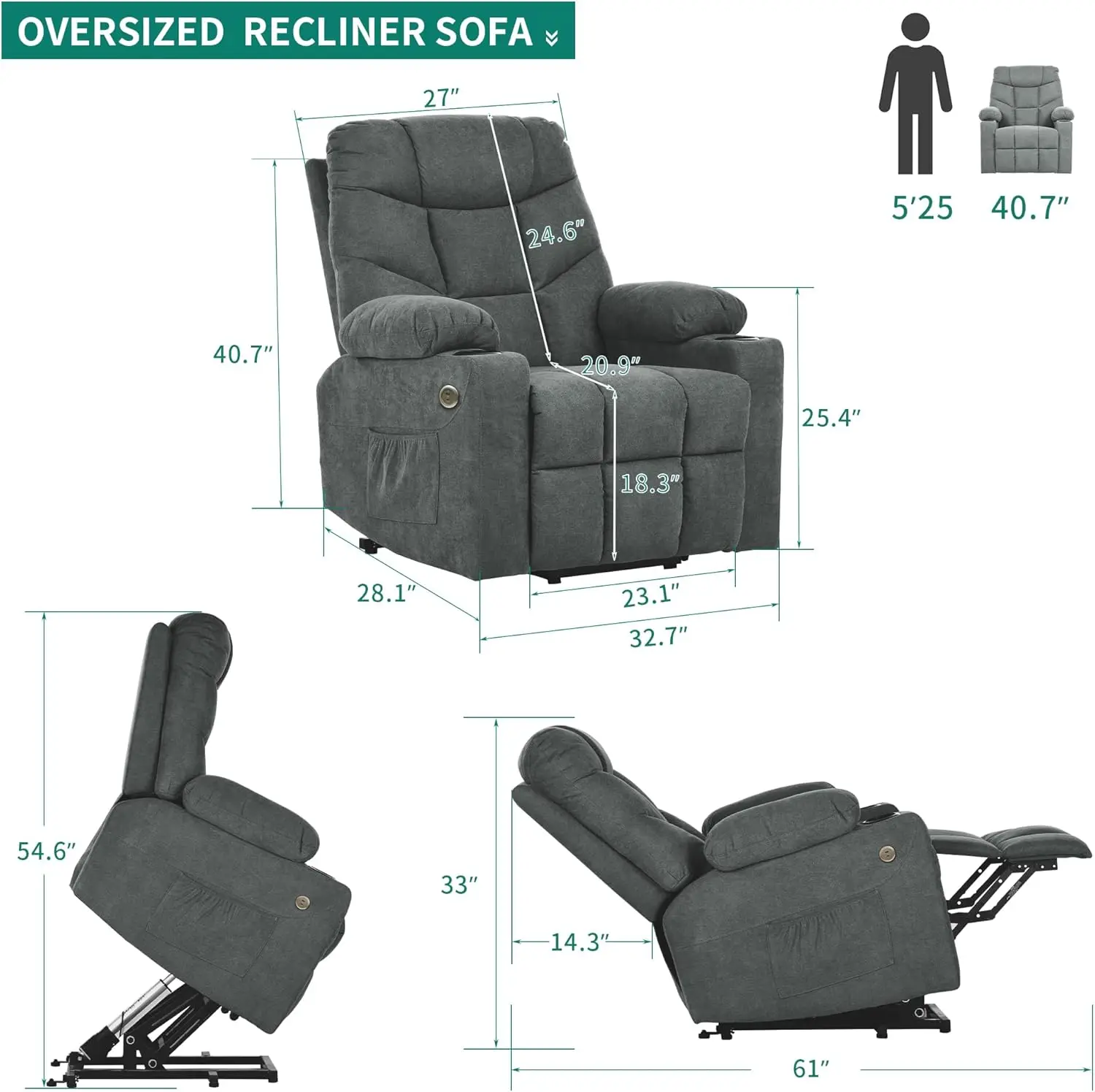 Power Lift Recliner Chair, Modern Fabric Recliner Chair with Massage and Heat, Spacious Seat, USB Ports, Cup Holders, S