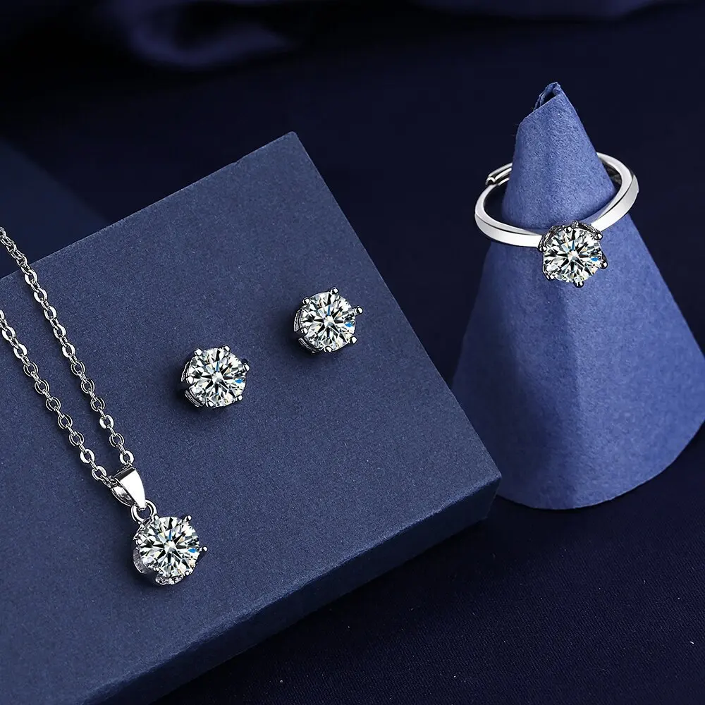 Solitaire Lab Diamond Jewelry set 925 Sterling Silver Party Wedding Rings Earrings Necklace For Women Bridal Moissanite Jewelry