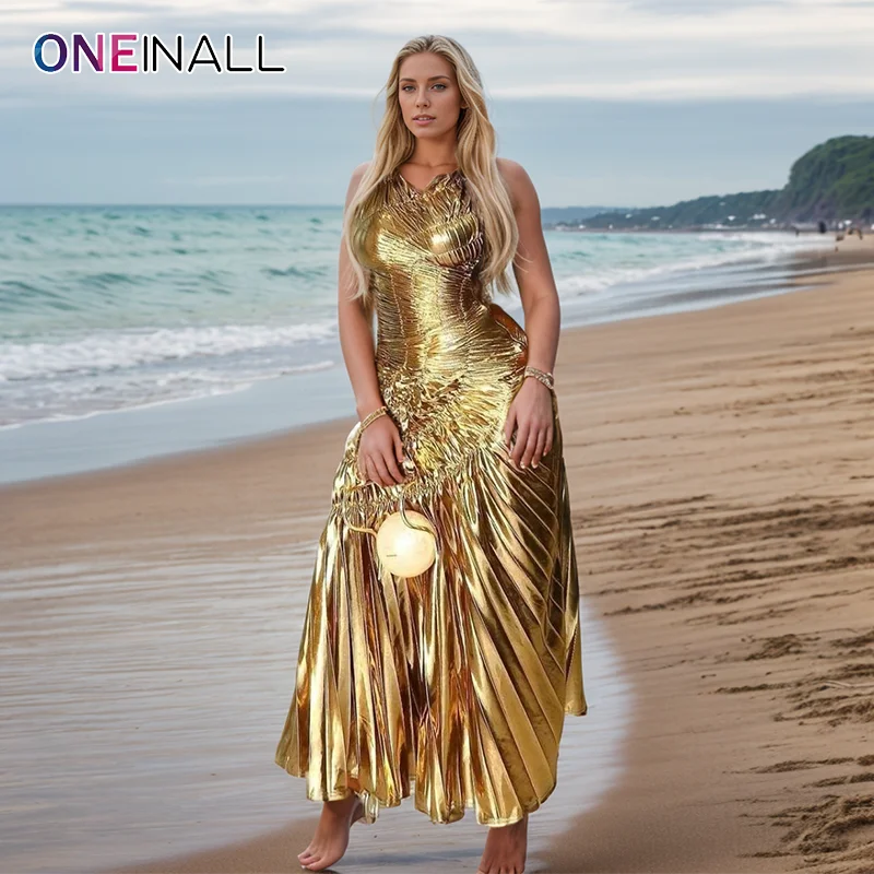 

ONEINALL Fashion Gold Sequins Pleated Long Dress For Women Round Neck Sleeveless High Waist Slim Dresses Female Chic Clothes New