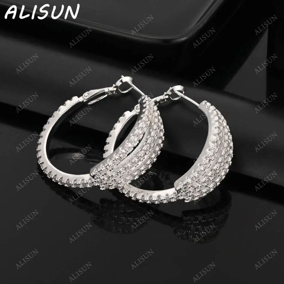 

ALISUN 925 Sterling Silver 33mm Zircon Round Hoop Earrings For Women Fashion Jewelry Charm Grace Wedding Engagement Accessories