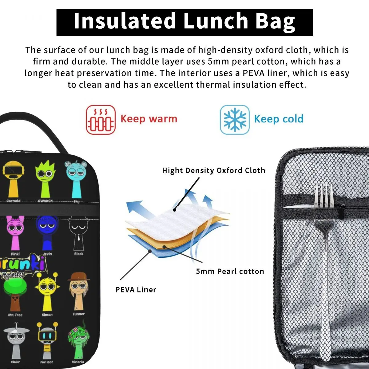 Incredibox Sprunki معزول أكياس الغداء حقيبة حرارية قابلة لإعادة الاستخدام لعبة الرعب حقيبة محمولة علب الاغذية الغذاء حقيبة مكتب في الهواء الطلق